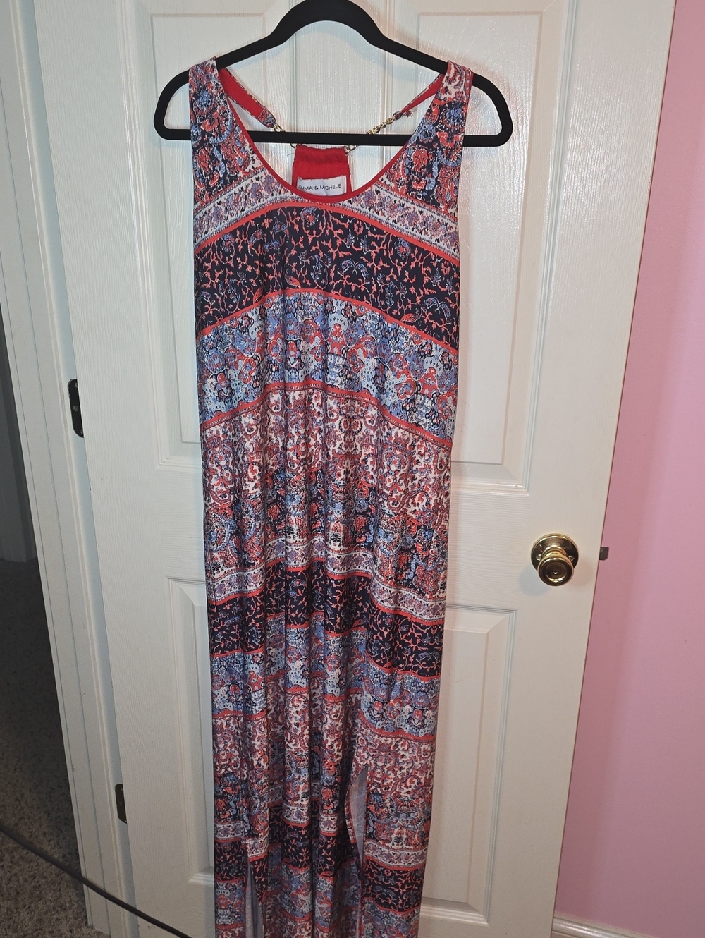 Emma & Michele‎ Red, Blue and White Paisley Stripe Maxi Dress